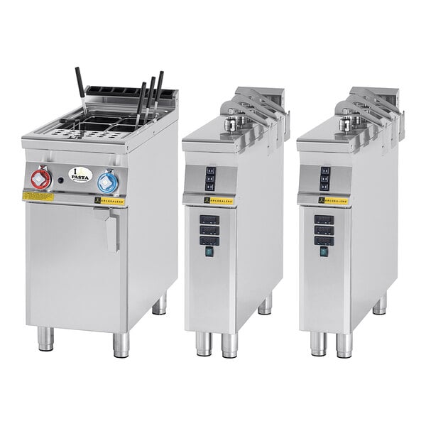 An Arcobaleno natural gas pasta cooker with three automatic basket lifts.