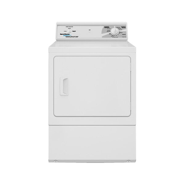 A white Speed Queen front load gas powered commercial dryer with a door.