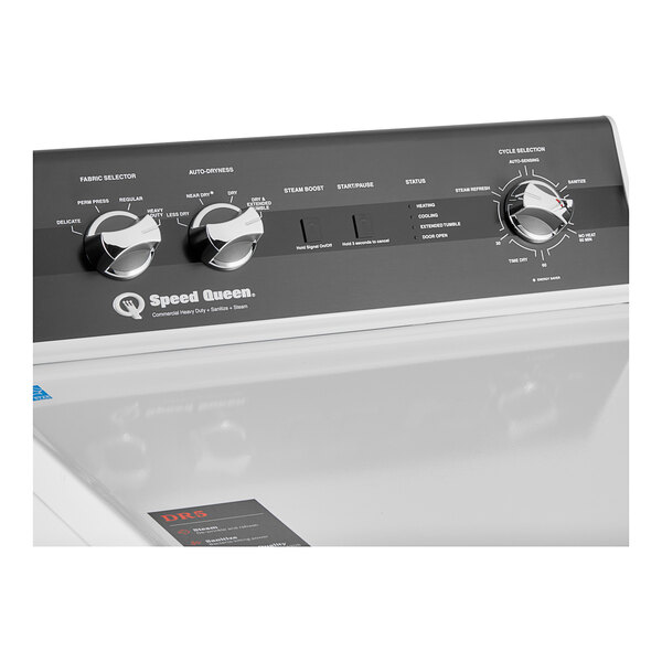 A white Speed Queen front load electric dryer with rear control and a dial.