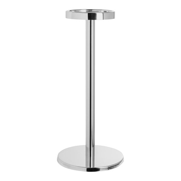 A silver metal stand with a round base for an Abert stainless steel wine bucket.