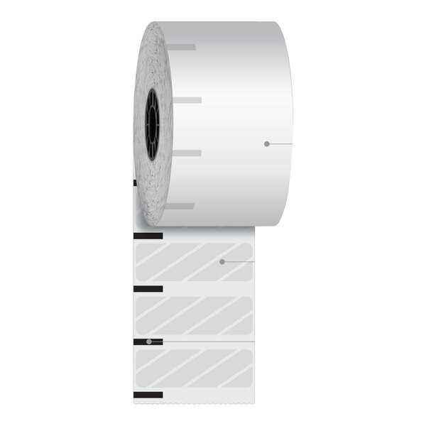 A roll of white Iconex Sticky Media paper with a black oval window and black and grey lines.