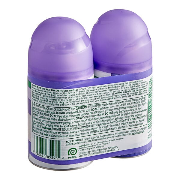Two Air Wick lavender and chamomile scented deodorant refill canisters with white labels.