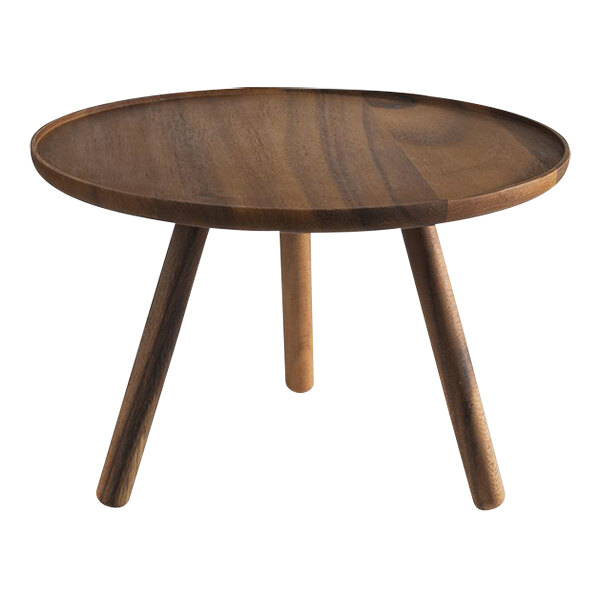 An APS round wooden display stand with legs.