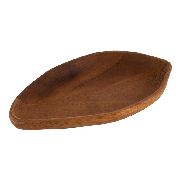 An APS organic acacia wooden serving bowl with a curved shape.