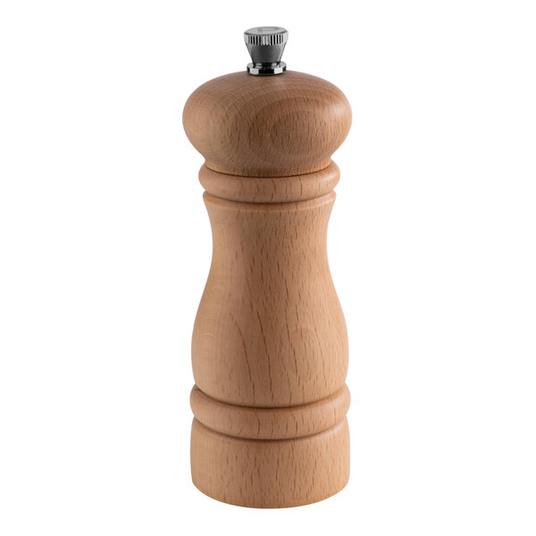 An APS beechwood pepper mill with a silver knob.