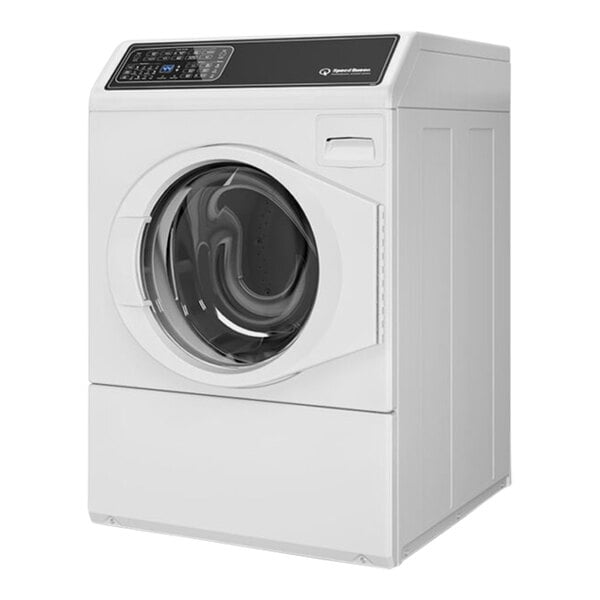 A white Speed Queen front load washer with a black door and screen.