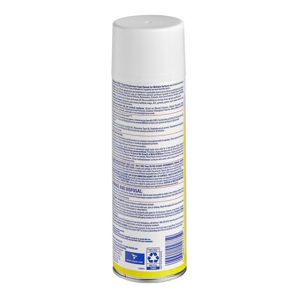 A close-up of a white Professional Lysol foam cleaner can with blue and yellow text and a white cap.