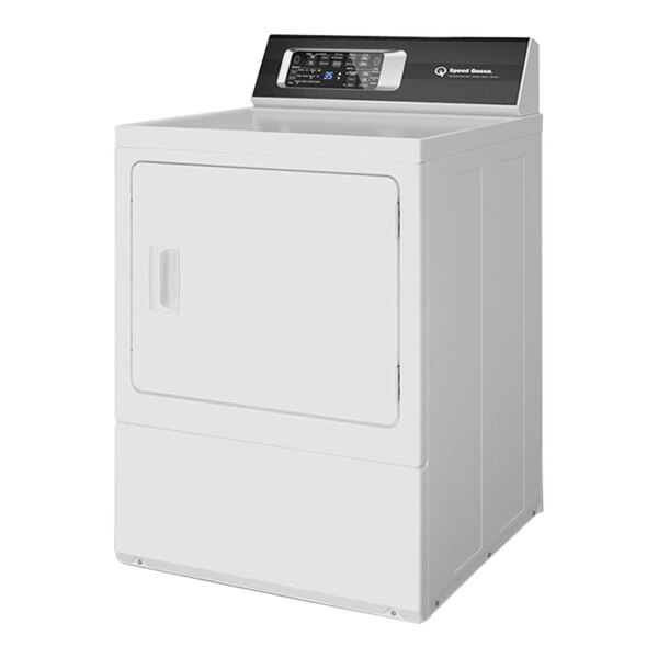 A white Speed Queen front load electric dryer with rear control panel and door open.