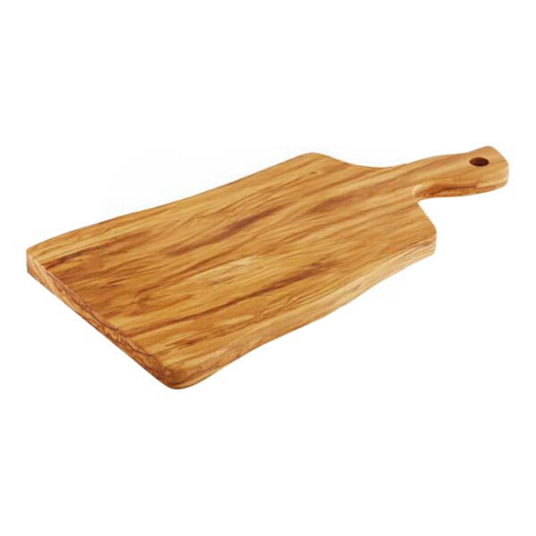 An olive wood rectangular serving board with a handle.