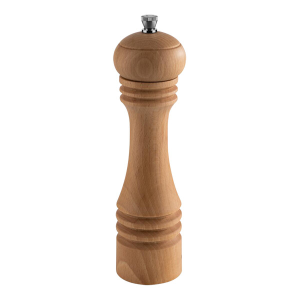 An APS beechwood pepper mill with a metal top.