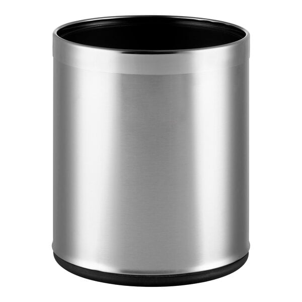 A stainless steel round decorative wastebasket with an open top.