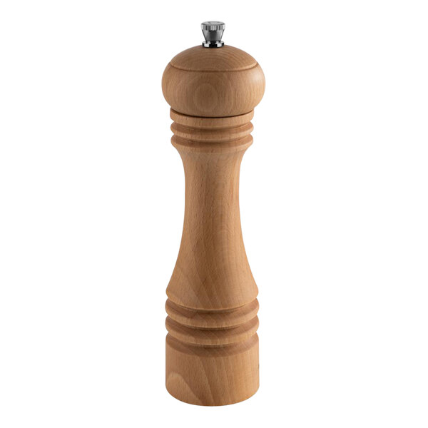 An APS beechwood salt mill with a silver top and wooden handle.