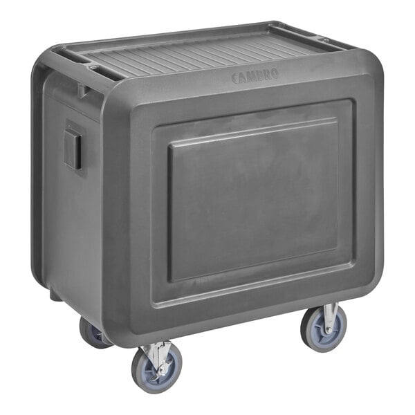 A grey plastic Cambro service cart with closed sides and wheels.