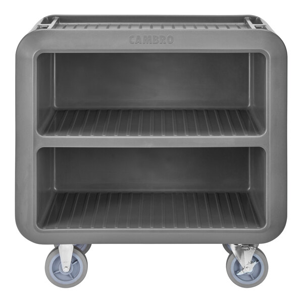 A charcoal gray plastic Cambro service cart with wheels.