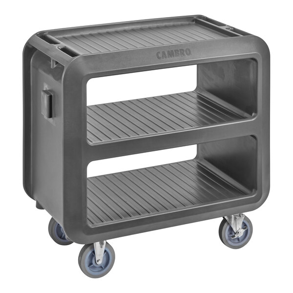 A charcoal gray Cambro 3-shelf service cart with wheels.