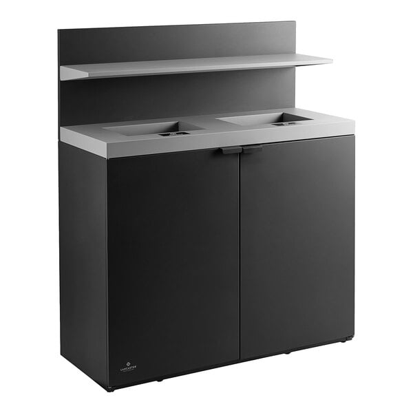 A dark gray steel rectangular two-stream decorative waste receptacle with tray shelf.