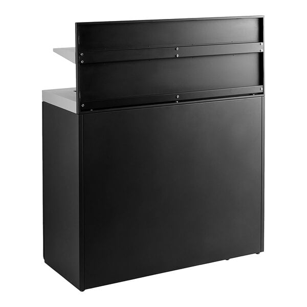 A dark gray rectangular steel two-stream waste receptacle with a tray shelf.
