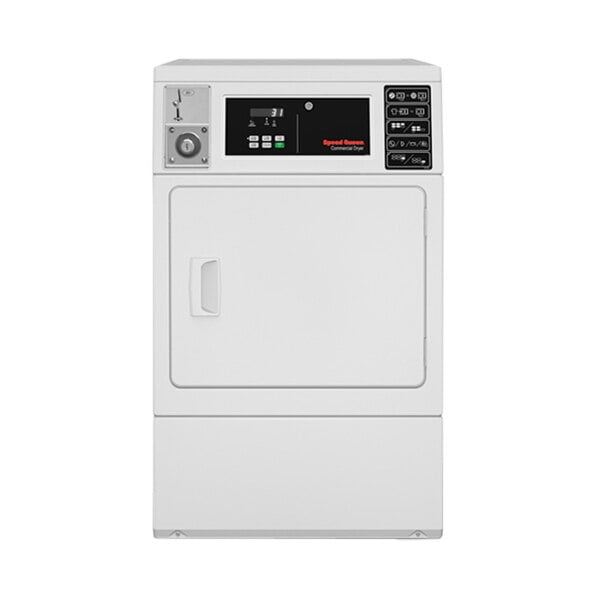 A white Speed Queen front load electric commercial dryer with a black and white control panel.