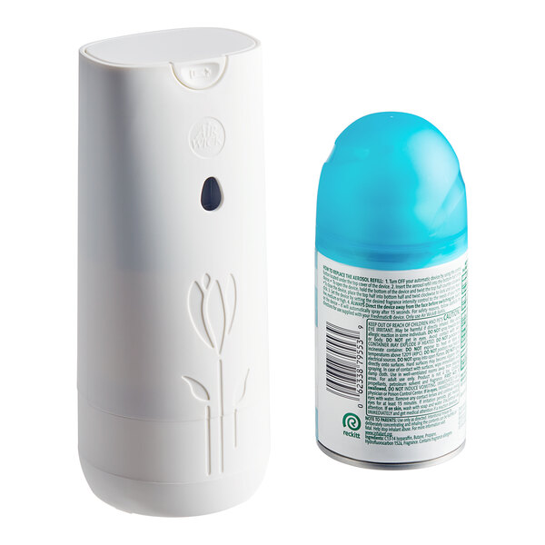 An Air Wick Freshmatic refill container with a blue cap and Fresh Waters logo.