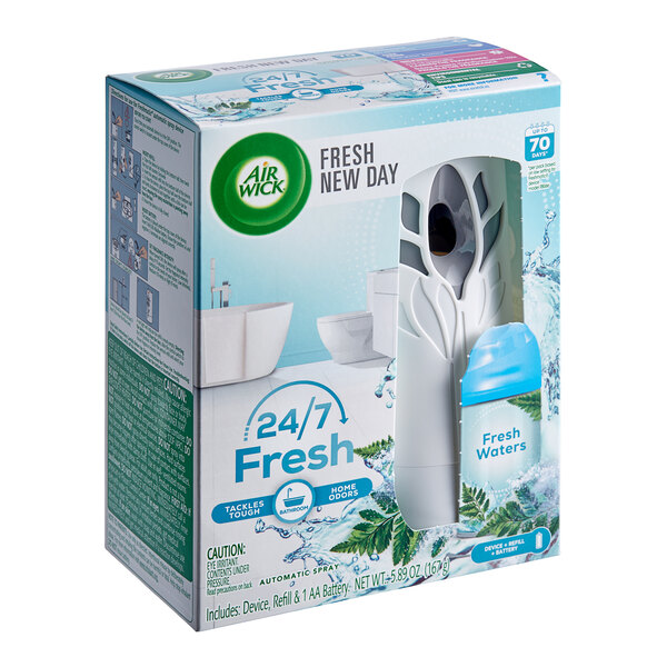 A white box of 4 Air Wick Freshmatic air freshener refills with a Fresh Waters bottle inside.
