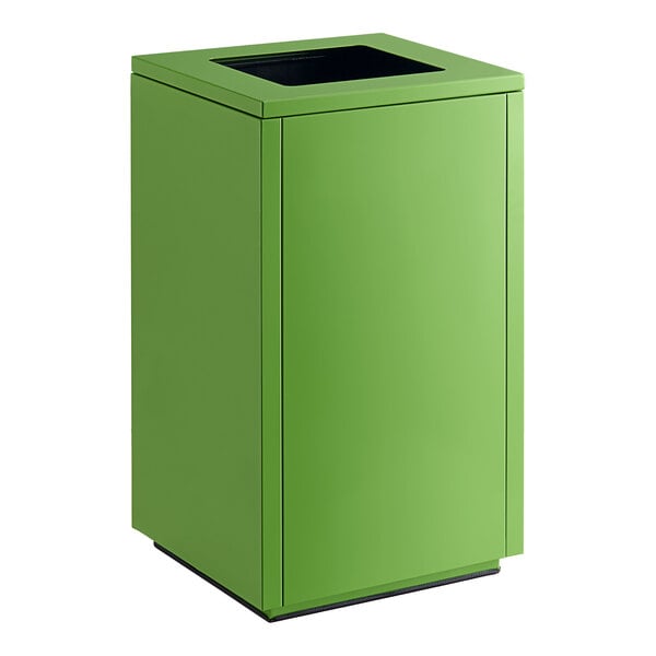 A green rectangular Lancaster Table & Seating compost receptacle with a black lid.