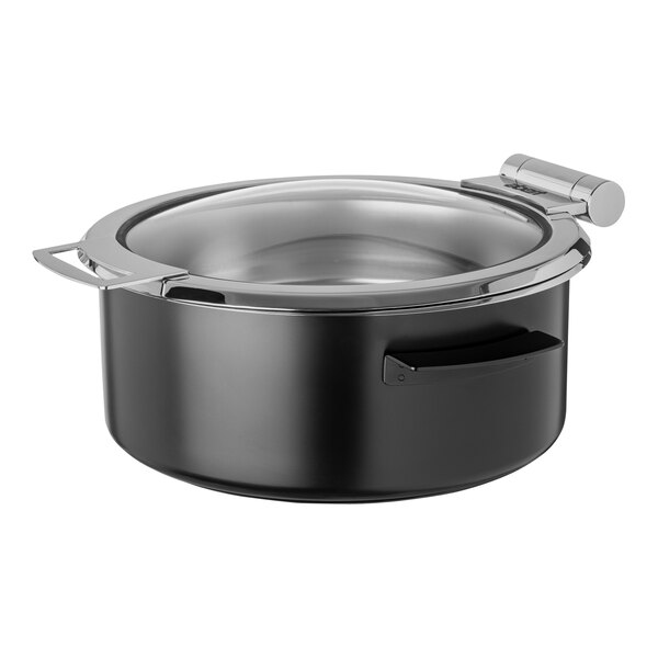 An Abert Cosmo black stainless steel chafer with a hinged glass lid.