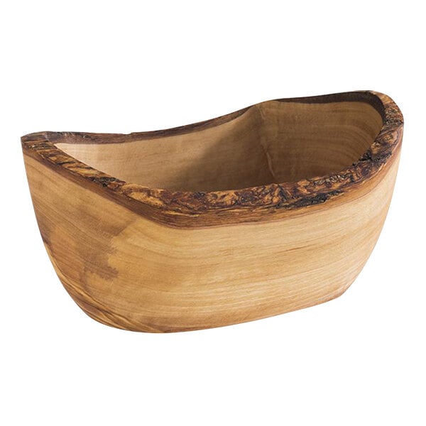 An APS organic olive wood bowl with a curved edge.