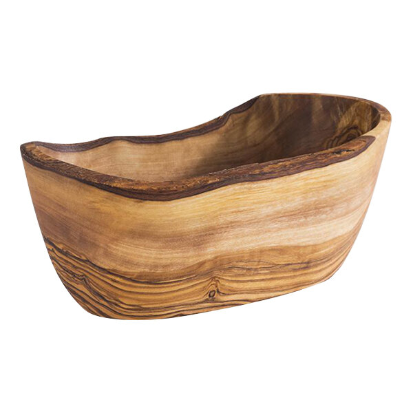 An APS organic olive wood serving bowl with a curved edge.