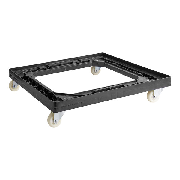 A black plastic dolly with wheels.