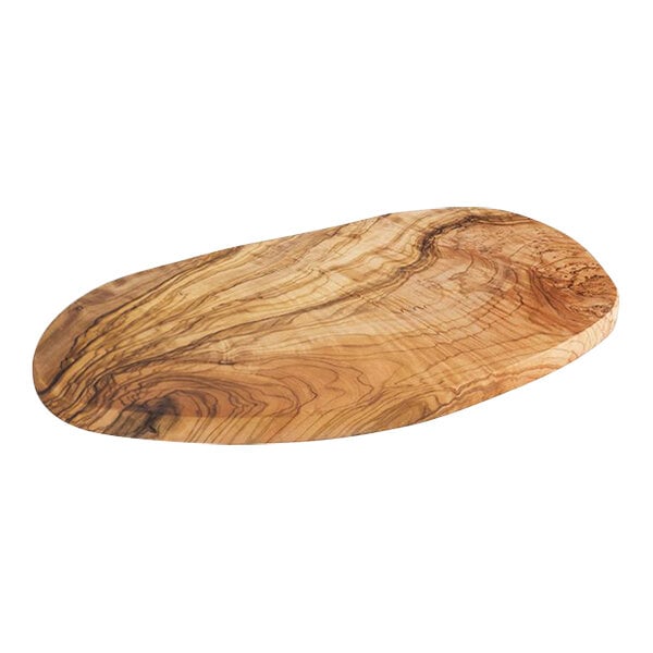 An oval olive wood serving board with a curved edge.