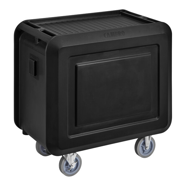 A black Cambro service cart with closed sides on wheels.