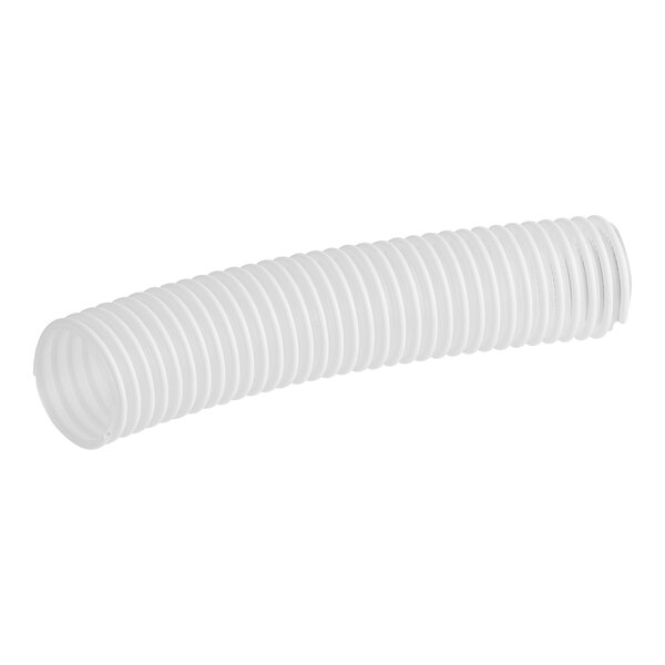 A white plastic hose with a metal nut.