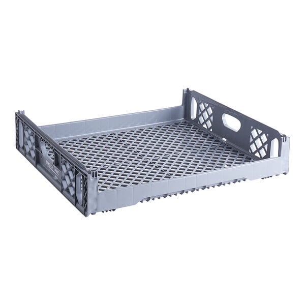 A grey plastic crate with holes.