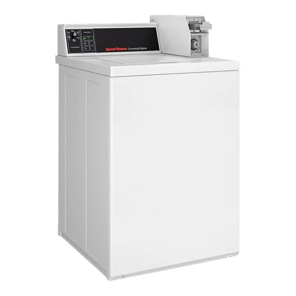 A white Speed Queen commercial top load washer with a white top and black screen.