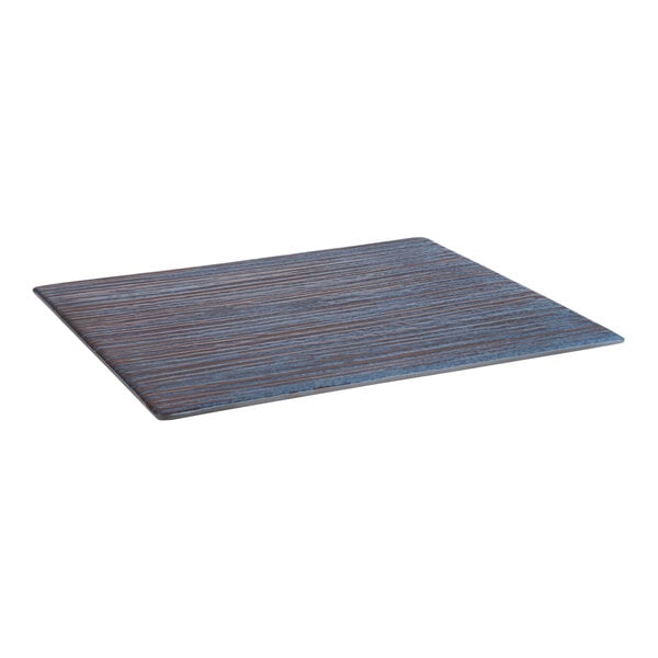 A rectangular wood-like melamine serving tray with a blue finish.