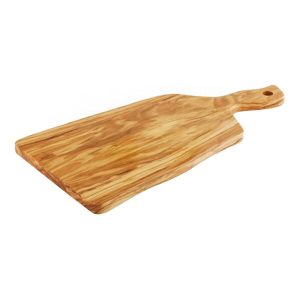 An olive wood rectangular serving board with a handle.