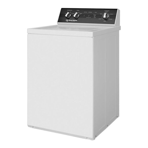 A white Speed Queen top load washer with a black top and white door.