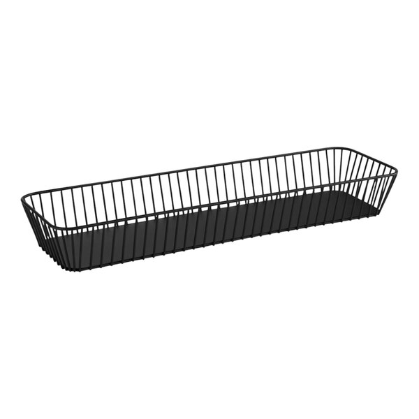 A black rectangular wire basket on a counter.