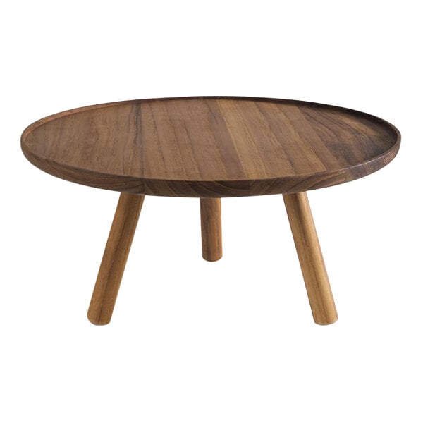 A round acacia display stand with a wood surface and three legs.