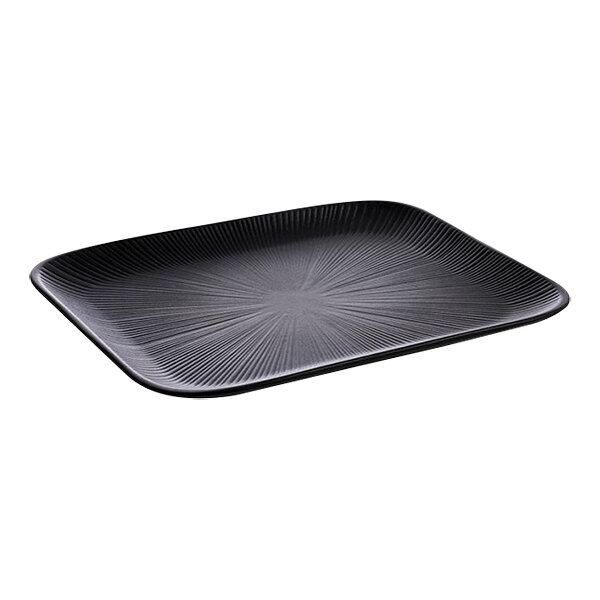 A black rectangular APS Nero melamine serving tray with a spiral design.