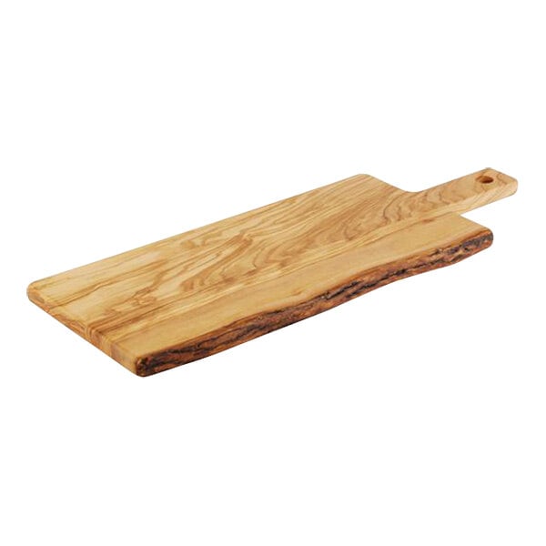 An olive wood rectangular serving board with a handle.