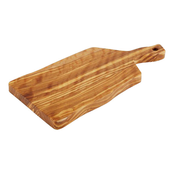 An olive wood rectangular serving board with a handle.