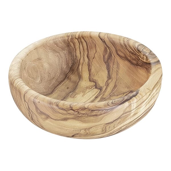 An olive wood bowl with a swirl pattern.