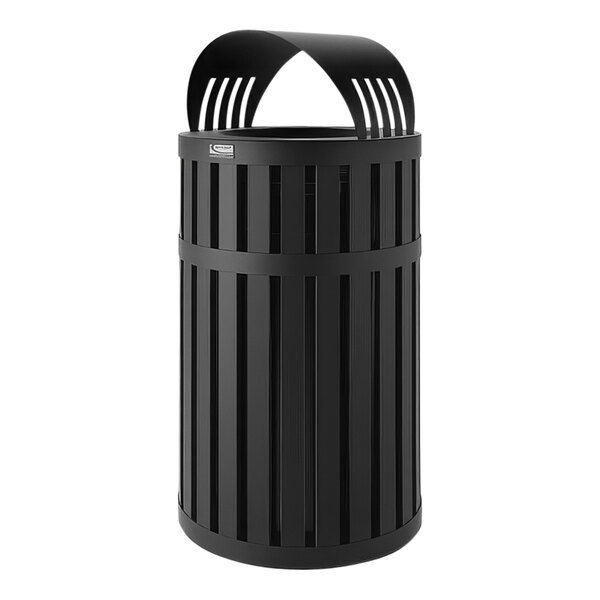 A black Suncast outdoor trash can with a canopy lid.