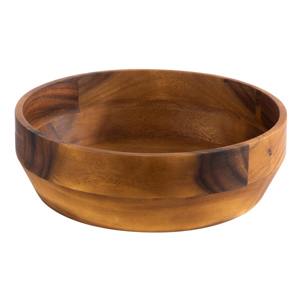 An APS round acacia wooden bowl with a handle.