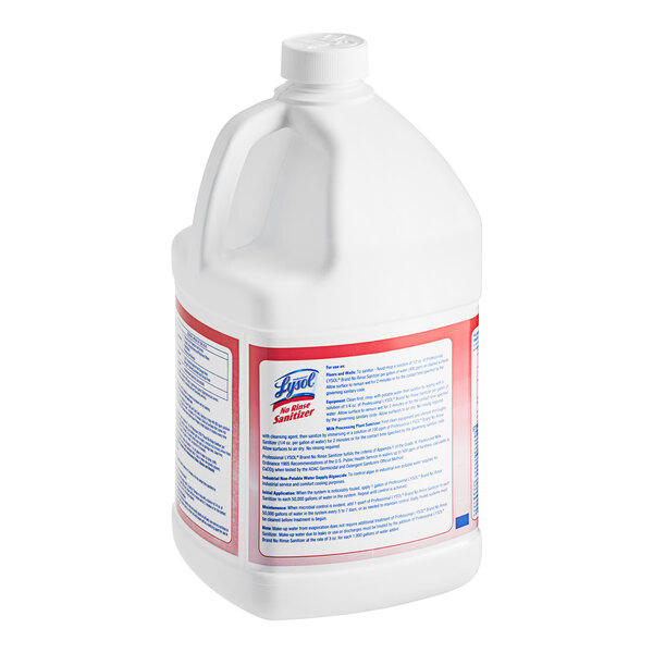 A white jug of Professional Lysol No-Rinse Concentrated Sanitizer with a red label.