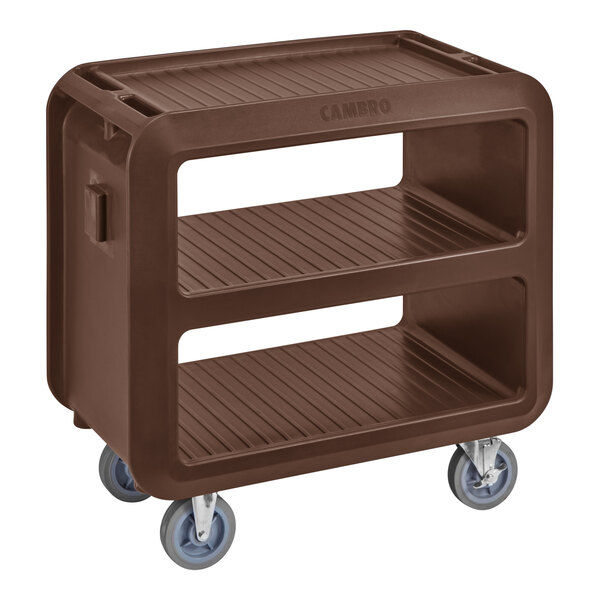 A dark brown Cambro beverage and service cart with 3 shelves and 4 casters.