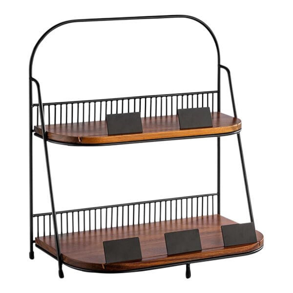 A black rectangular APS Urban metal and acacia wood display stand with two shelves.