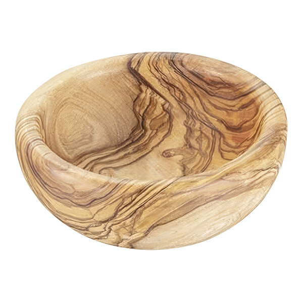 An APS olive wood bowl with a swirl pattern.