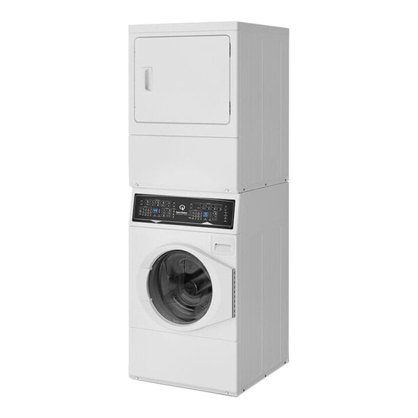 A stack of white Speed Queen front load washing machine and dryer.